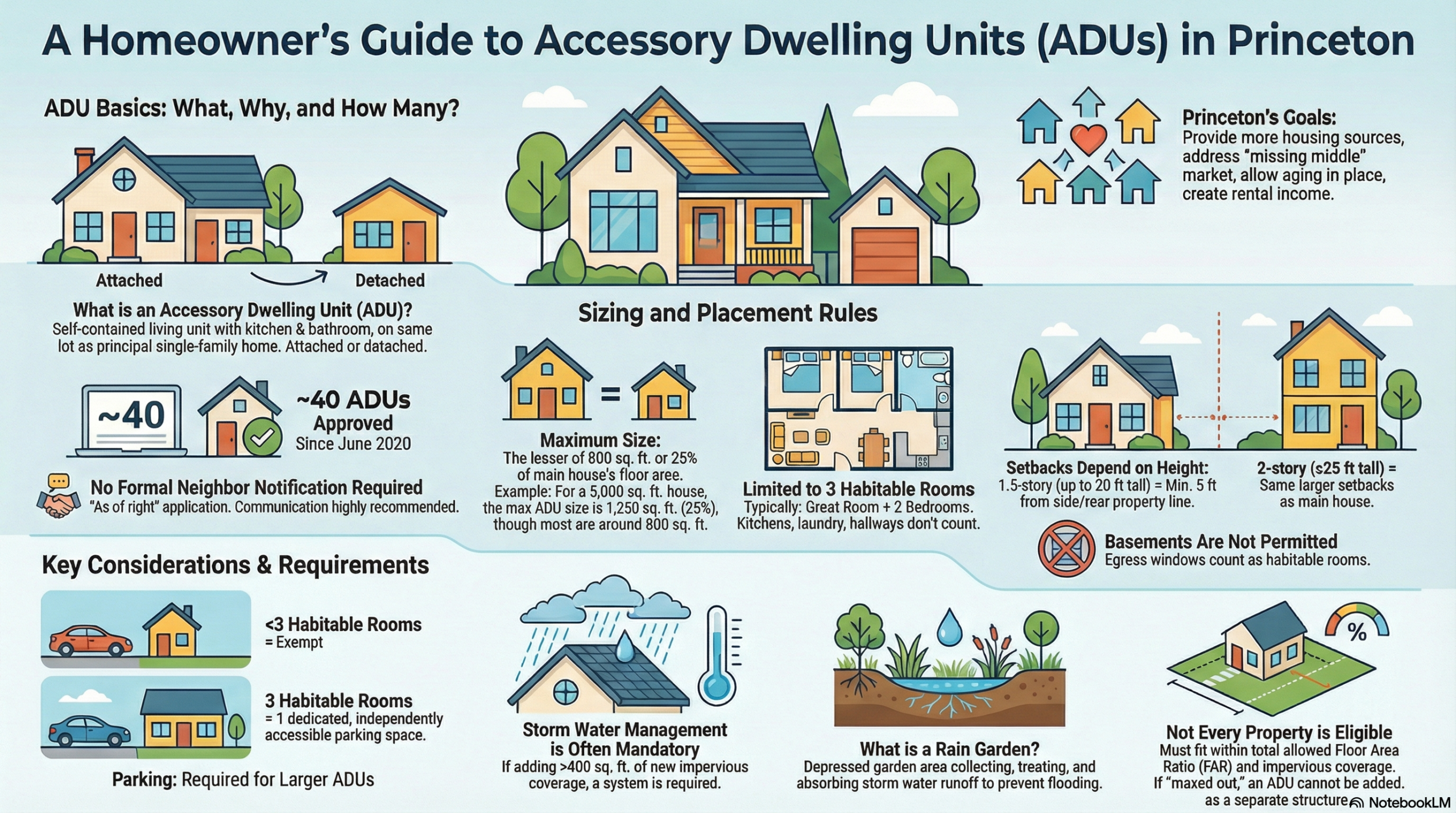 ADU Princeton NJ - Derek Bridger Infographic summarizing Princeton Podcast Episode 61: "Accessory Dwelling Units (ADUs)" with Mayor Mark Freda and Zoning Officer Derek Bridger.